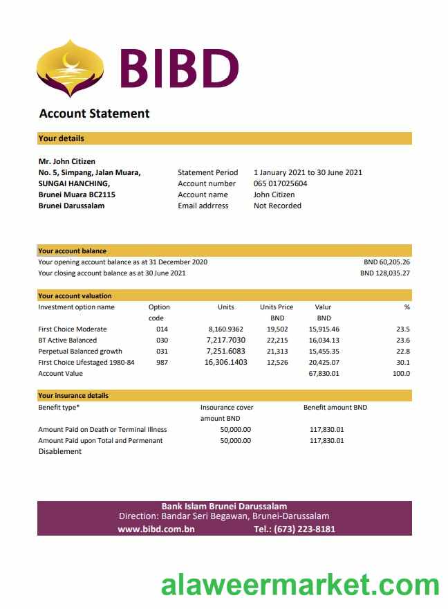 Brunei Bank Islam Brunei Darussalam bank statement easy to fill template in Excel and PDF format (AutoSum)